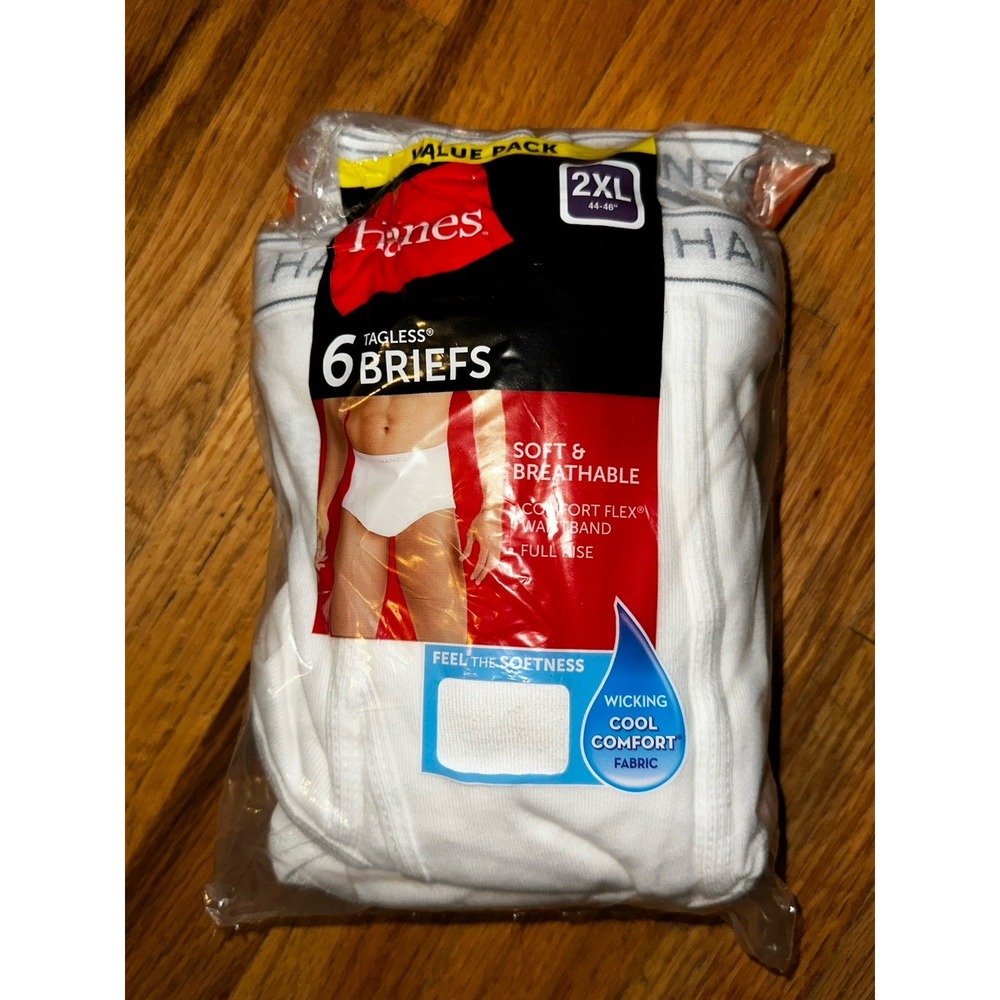 Hanes Men's 2XL 44-46" White‎ Tagless Cotton Briefs Pack 6